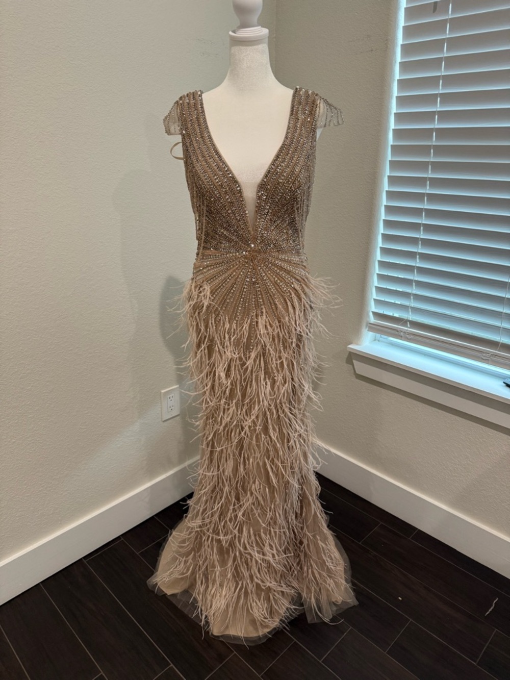 Embellished Feather-Trim Deep V Evening Gown - Champagne
